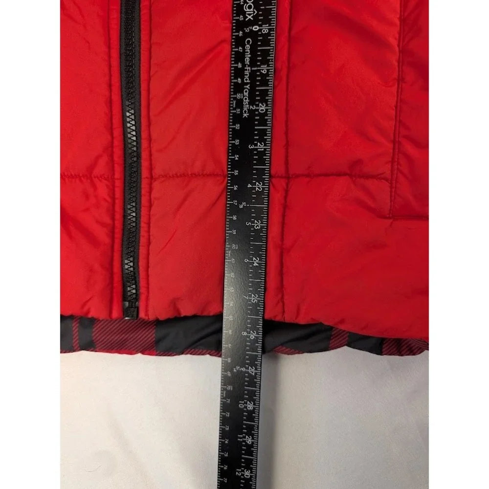 The North Face Reversible Quilted Puffer Jacket Red Black Plaid Hooded Boy's XL